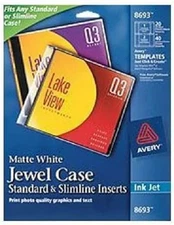 Avery 8693 Inkjet CD/DVD Jewel Case Inserts, Matte White, 20/Pack