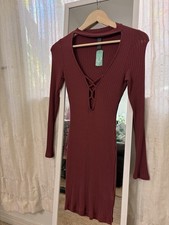 Burgundy Ribbed Knit V-Neck Lace-Up Long Sleeve Bodycon Mini Dress S