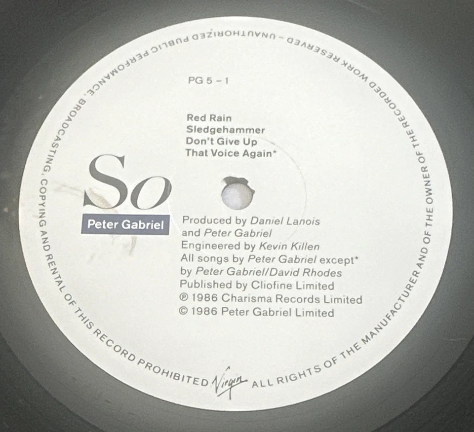 Peter Gabriel - So 12'' Vinyl Album, Virgin Records PG5 1986 EX / VG+ Con - Image 4 of 4
