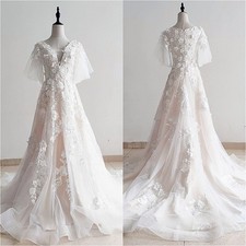 Boho V Neck A Line Wedding Dresses Short Sleeves Lace 3D Flowers Bridal Gowns