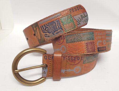 FOSSIL Genuine Leather Belt Small Americana Travel Embossed Stitched Key Patch - Afbeelding 1 van 21