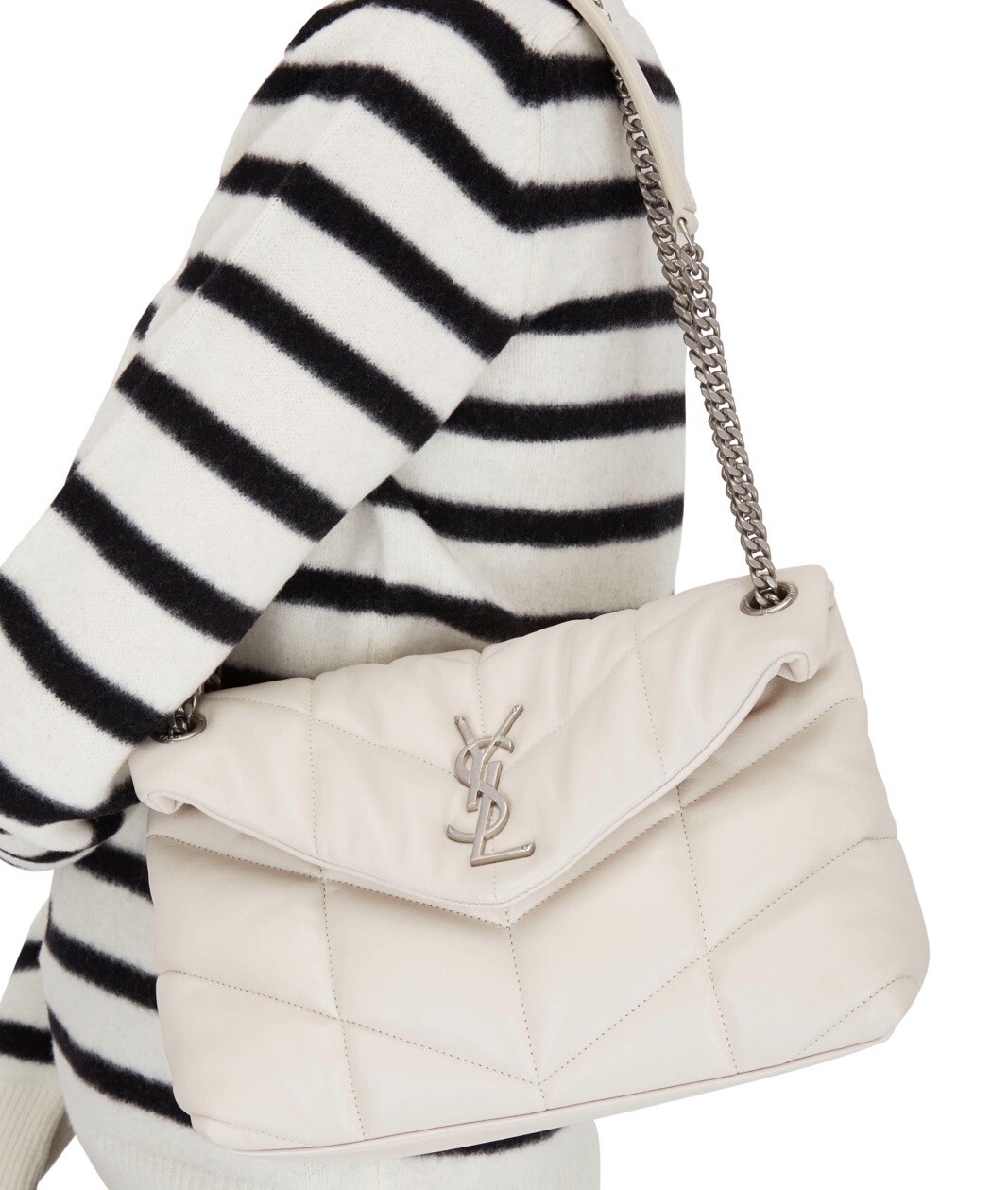 Borsa a tracolla SAINT LAURENT piccola Loulou pelle puffer crema bianco argento $3200+