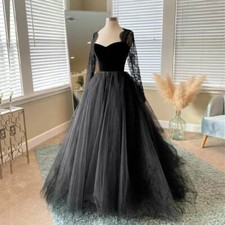 Gothic Black Wedding Dresses Boat Neck Long Sleeves Lace Applique Bridal Gowns