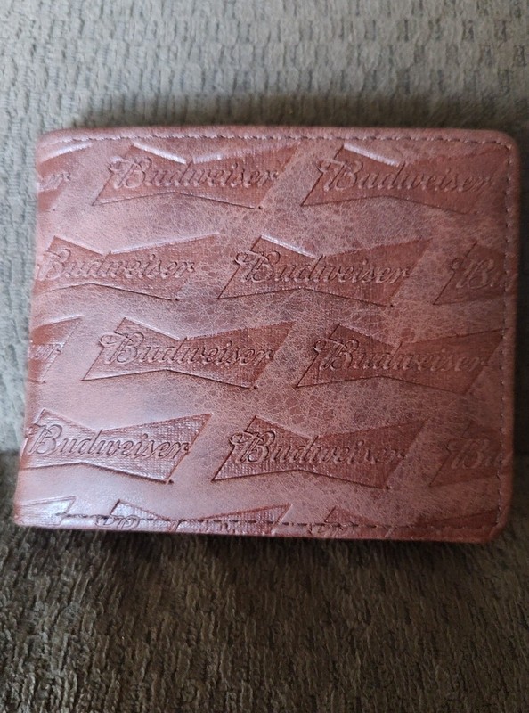 Budweiser Brown Bifold Wallet AOP Bowtie Deboss with ID Window Brown NWOT