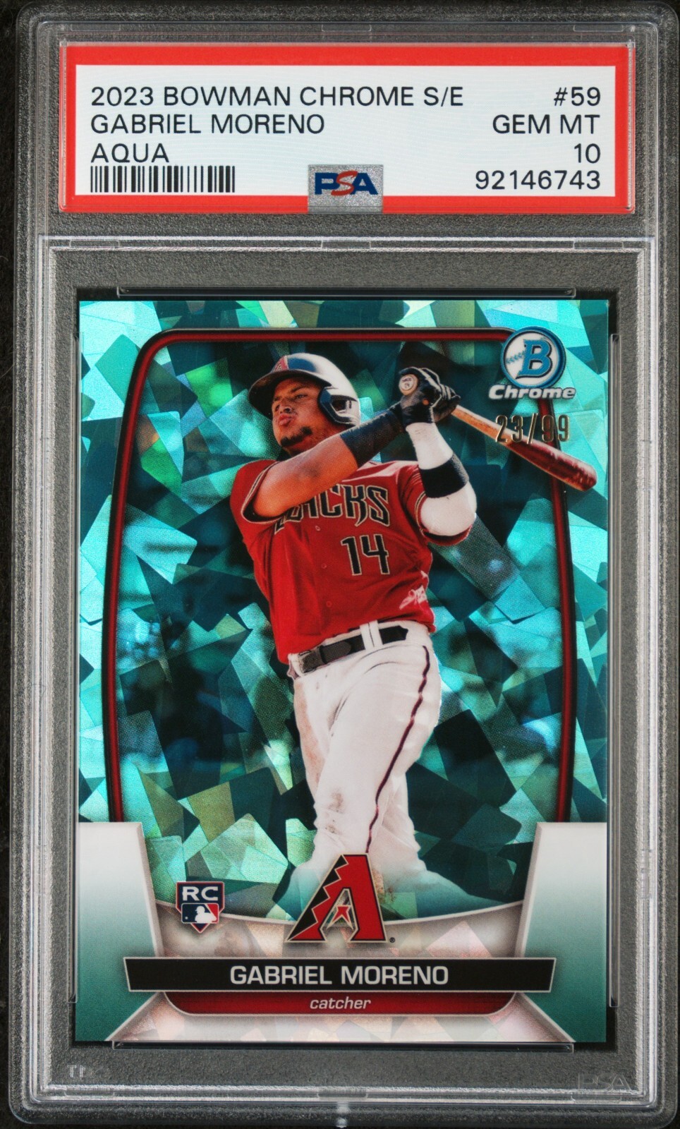 Gabriel Moreno 2023 Bowman Chrome Sapphire #59 Aqua Refractor Rookie #/99 PSA 10