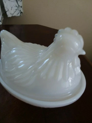 vintage white milk glass covered hen dish, farmhouse decor
