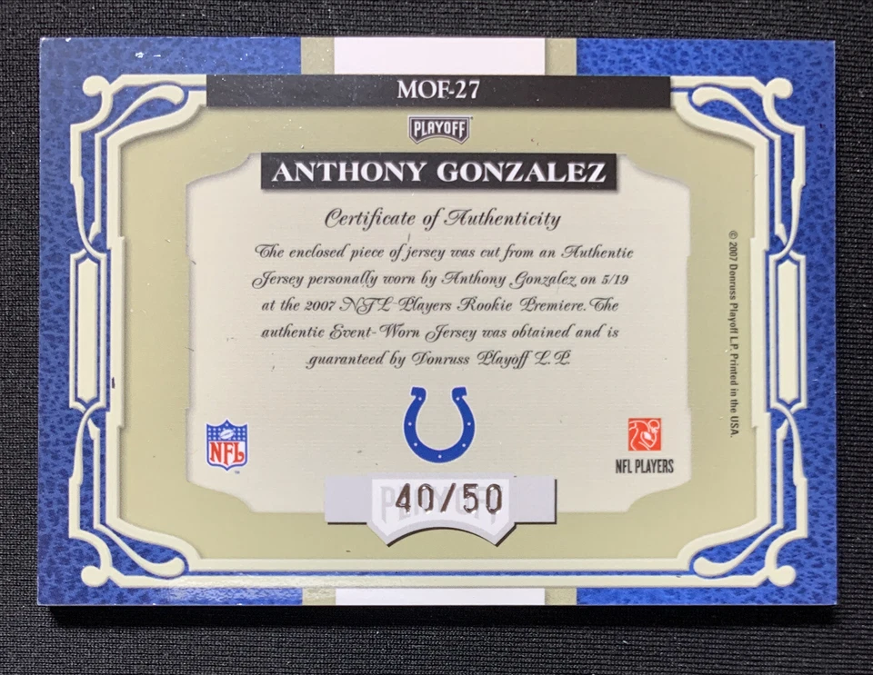 Anthony Gonzalez 2007 Absolute Marks of Fame Game Worn Patch Card #/50 EX - Image 2 of 2