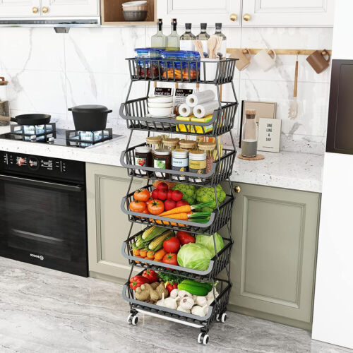STORAGE STACKING WIRE BASKET STACKABLE SHELVES VEGETABLE FOOD KITCHEN RACK WHEEL - Picture 20 of 43