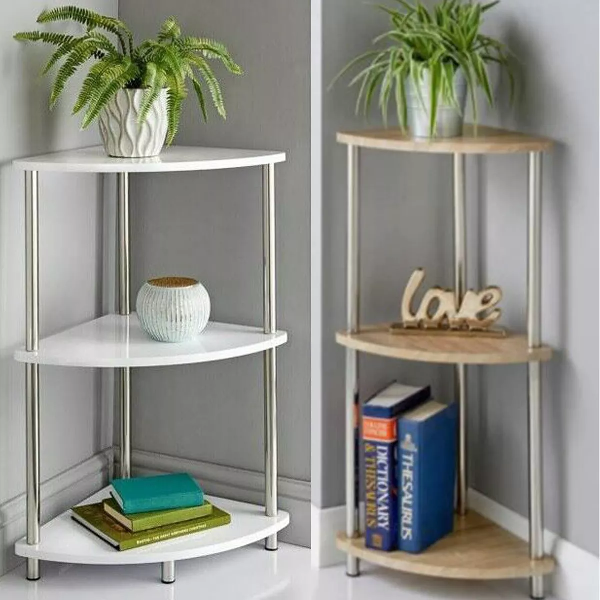 Oak Finish 3 Tier Corner Shelf Home Office Living Room Side End Table Storage UK
