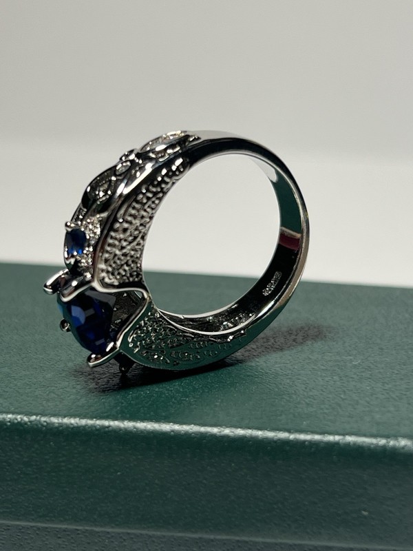 Vintage Simulated Sapphire Heart Ring 925 Silver Angel Wing Filigree SZ7