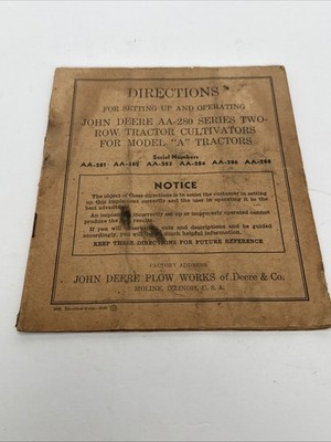 John Deere 1938 Operating Manual AA-280 Series Cultivators Model A Tractors