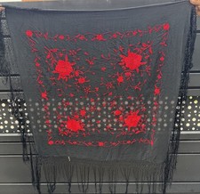 Antique Chinese Hand Embroidery Piano Shawl 110 X 110 Fringe 30 Cm