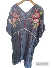 Johnny Was Floral Embroidered Grey Boho Beach Blouse Tunic Top Women Flow SM