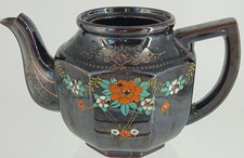 Mid century, ceramic, brown tea pot with colorful flowers, Japan, No Lid