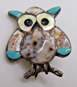 Zuni  sterling owl brooch shell turquoise onyx mother of pearl