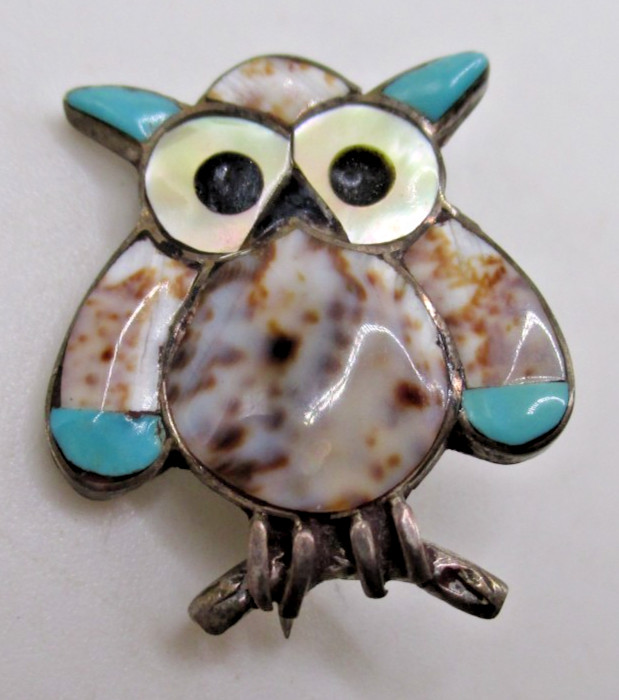 Zuni  sterling owl brooch shell turquoise onyx mother of pearl