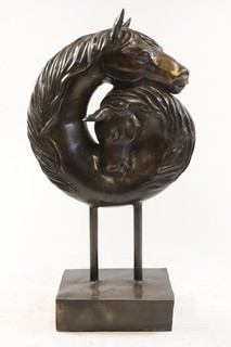 Pferd Stute mit Fohlen 43 cm moderne Bronze Figur unsigniert (IE648)