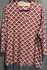 Chico's Women's Fan Print 3/4 Sleeve Tunic Top Front lined Size 3 US XL V-Neck