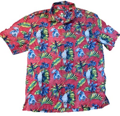 Men s M Tommy Bahama Red 100% Cotton Hawaiian Floral Parrots Print Shirt Aloha