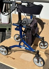 Blue folding adjustable hight walker with seat and break and storage bag,