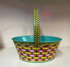 VINTAGE 1950S J. CHEIN & CO. TIN LITHOGRAPH EASTER BASKET BLUE HANDLE PINK WEAVE