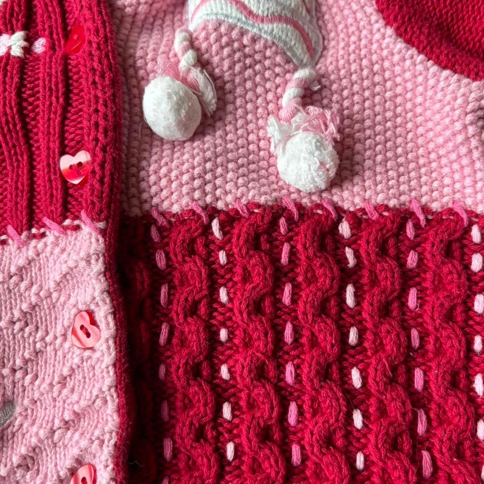 Savannah Baby Girl 12M Pink Red Knit Winter Ice Skates Snowflake Cardigan - Image 4 of 4