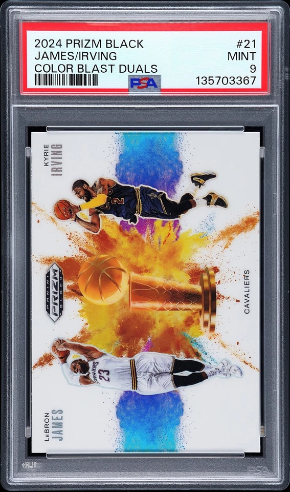 2024 PANINI PRIZM BLACK COLOR BLAST DUALS #21 KYRIE IRVING LEBRON JAMES PSA 9