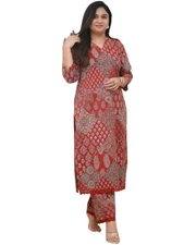 GoSriKi Women's Rayon Viscose Straight Printed Kurta with Pant