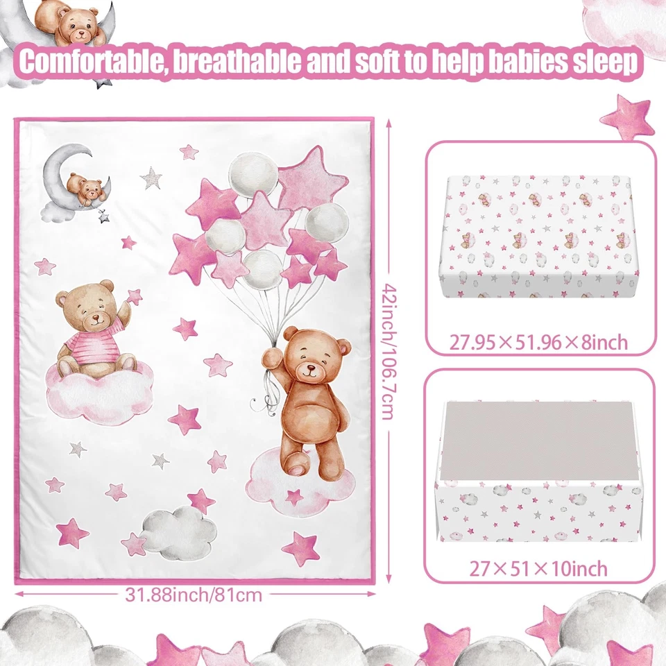3 peças conjunto de roupa de cama tema urso balão nuvem berço para meninos berçário mini ser... - Imagem 2 de 4