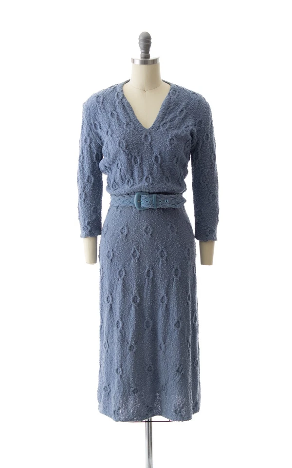 Vintage 1940s 1950s Sweater Dress 40s 50s Blue Knit Wool Belted Wiggle Dress - Image 2 of 4