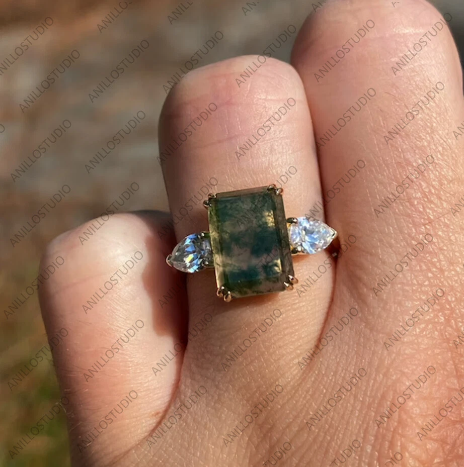 Banda de diamantes de ágata y pera musgo corte esmeralda, anillo de compromiso de plata de ley 925 Foto 2 de 3