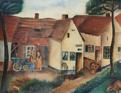Unbekannt unleserlich signiert / Gemälde 1930-40 seltsame naive Dorfszene - Bild 1 von 4