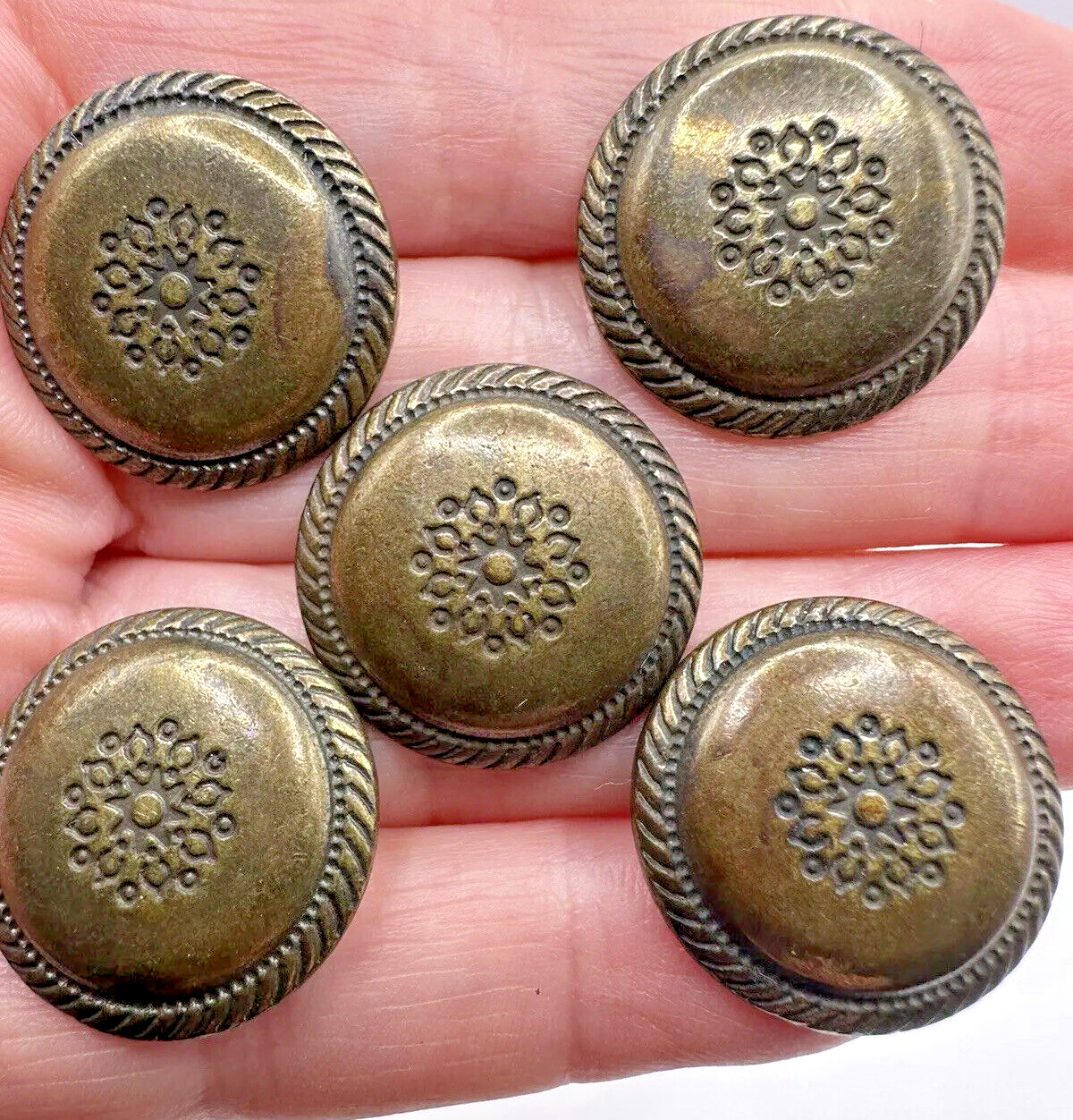 5 Antique BUTTONS Bronze Floral Flower HEAVY Shank Collectors RARE 1880-1920