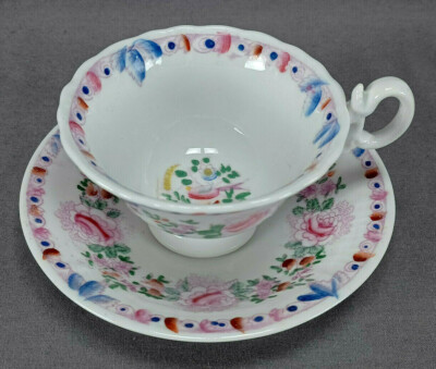 British Bird Pink Rose Floral Bone China Adelaide Tea Cup & Saucer C.1830-1840s 
