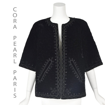 CORA PEARL PARIS Vintage Black Velvet Jacket w Soutache Braid & Glass Beads S/M