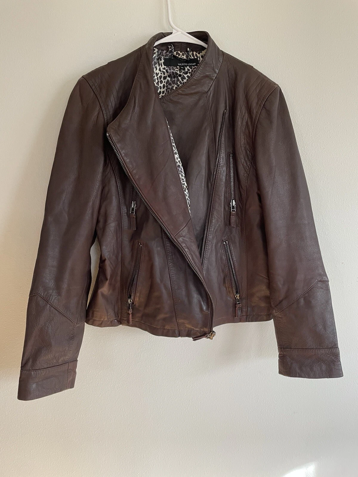 Wilsons Leather Jacket Motorcycle Mocha Brown Cheetah Liner Soft Coat Women XL