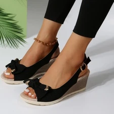 Women Casual Wedge Sandals Ankle Strap Open Toe Bows Slingback Sandals Comfy