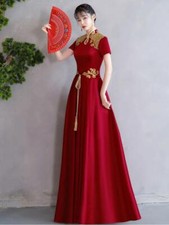 Trendy Mandarin Collar Short Sleeve embroidery A-line Evening  Dresses Prom Gown