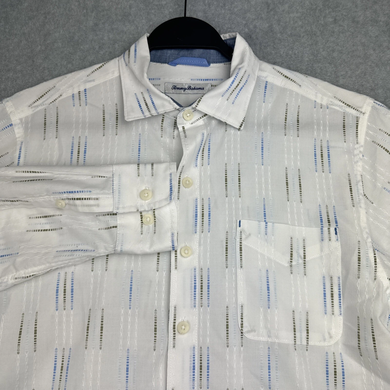 Tommy Bahama Shirt Mens M White Oxford L/S Button Up Geometric Oxford Pocket
