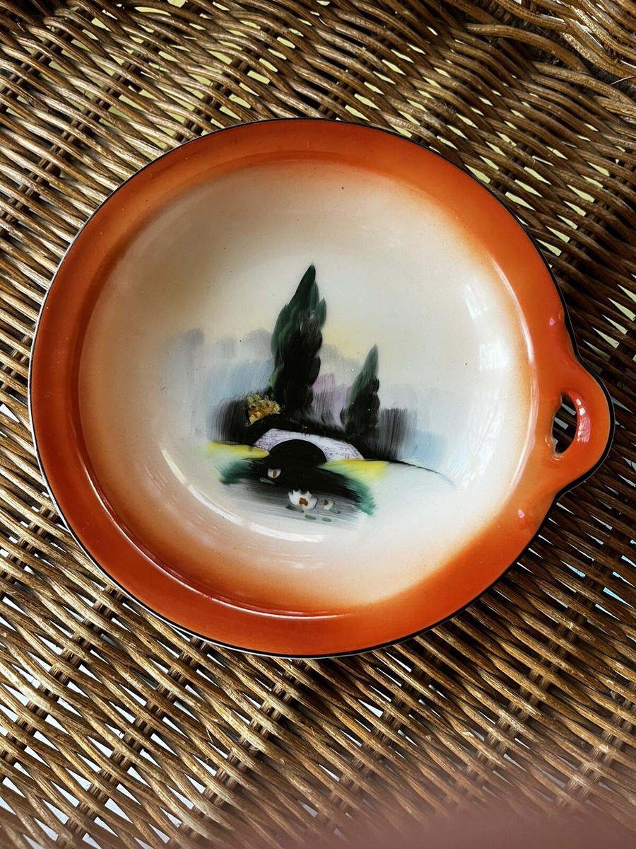 Antique Noritake Dish Hand Painted Lily Pond w/Bridge 6” Round
