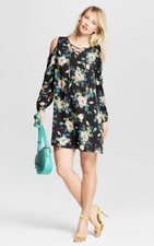 New XHILARATION Women's Floral Print Cold Shoulder Fit Flare Dress BOHO Sz Med