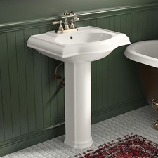 24"W x 19"D White Ceramic Pedestal Bathroom Sink with Overflow, Vintage