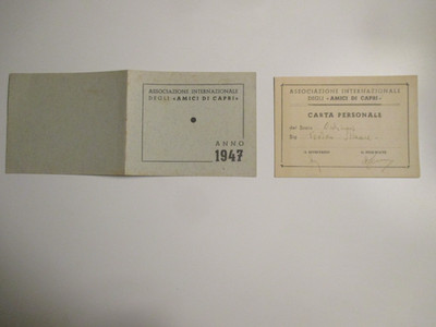 Ass.ne Internaz.le AMICI di CAPRI Tessera 1947 +altra Firme autografe
