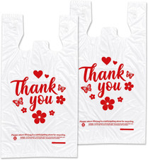 White Thank You Plastic T-Shirt Bags with Handles, Grocery Shopping
