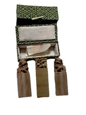 Hand Carved Stone Pair Foo Dog Dragon Seal Stamp Set with Box & DragonPhoenix 3”