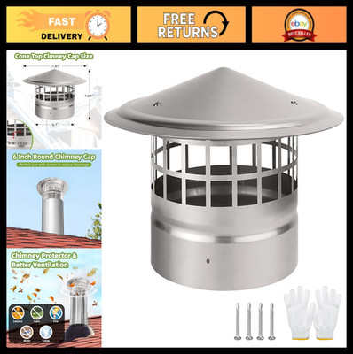 6'' Round Chimney Cap with Screen - Cone Top Roof Cover for Wood Stove Pipe, 304