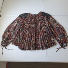 Farm Rio Anthropologie Tunic Shirt Womens Medium Black Floral Pleated Sheer Boho