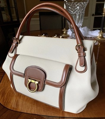 Huge Salvador FERRAGAMO Taupe Ecru Dk Brown Leather Top Handle Satchel Bag- WOW!