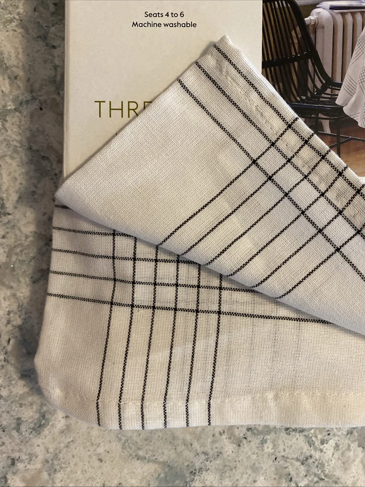 Threshold Natural Light Beige Cotton Blend Black Line Weave 70" Round Tablecloth - Image 4 of 4