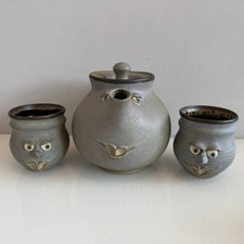 Studio Pottery Teapot & Mugs - VGC - With Whimsical Faces Hand Made Hand Painted